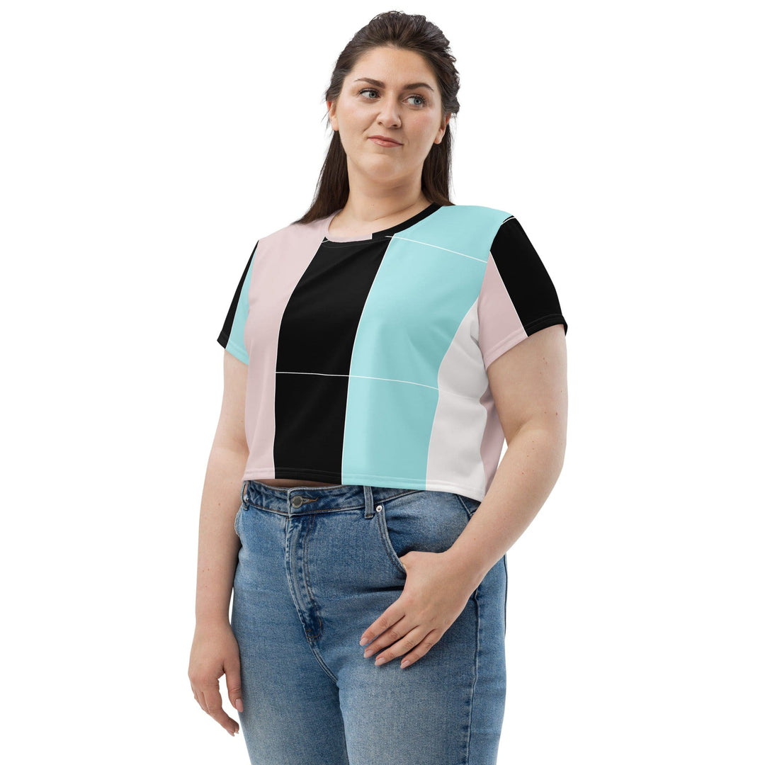 Womens Stretch Fit Crop Tee T-shirt Jersey - Pastel Pink Black Blue Colorblock