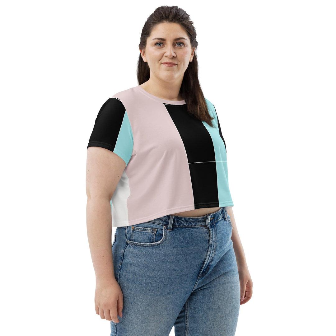 Womens Stretch Fit Crop Tee T-shirt Jersey - Pastel Pink Black Blue Colorblock