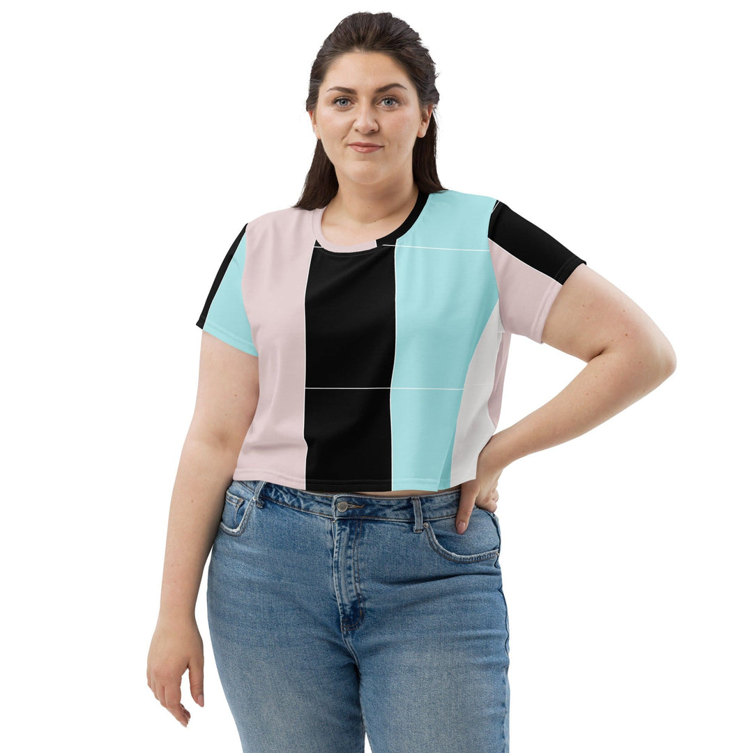 Womens Stretch Fit Crop Tee T-shirt Jersey - Pastel Pink Black Blue Colorblock
