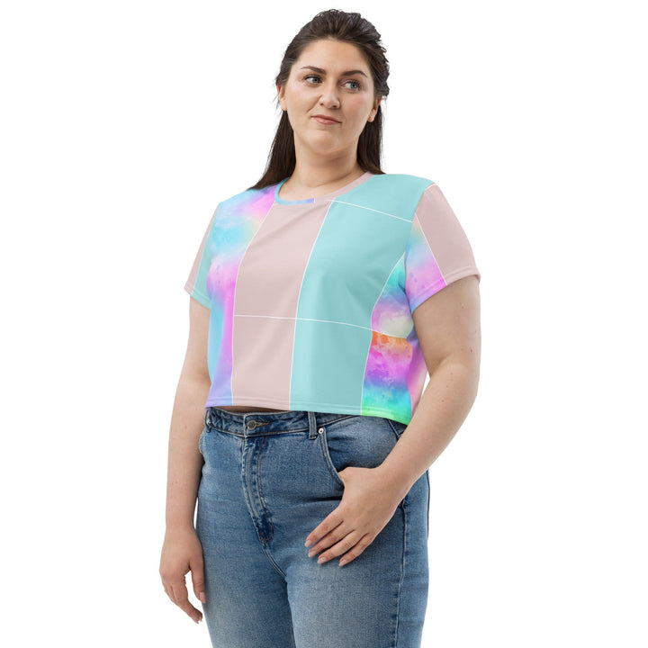Womens Stretch Fit Crop Tee T-shirt Jersey - Pastel Colorblock Watercolor