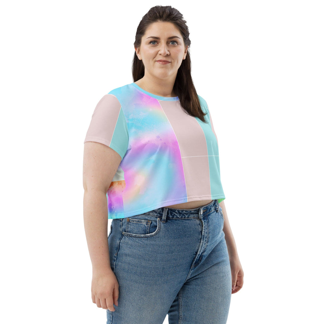 Womens Stretch Fit Crop Tee T-shirt Jersey - Pastel Colorblock Watercolor