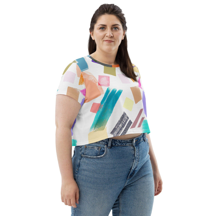 Womens Stretch Fit Crop Tee T-shirt Jersey - Pastel Pattern