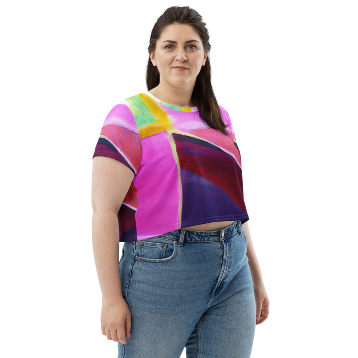 Womens Stretch Fit Crop Tee T-shirt Jersey - Pink and Purple Pattern