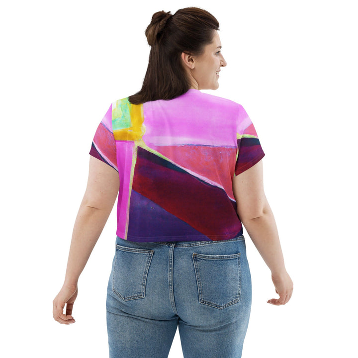 Womens Stretch Fit Crop Tee T-shirt Jersey - Pink and Purple Pattern