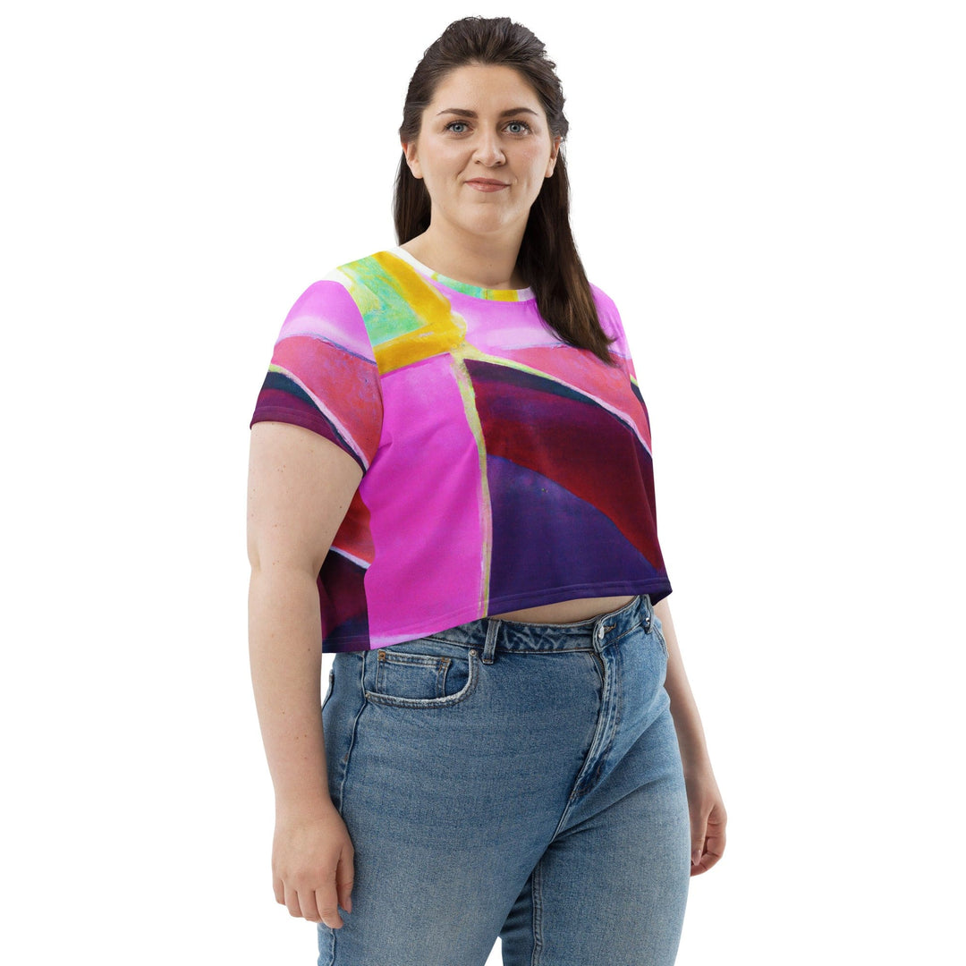 Womens Stretch Fit Crop Tee T-shirt Jersey - Pink and Purple Pattern