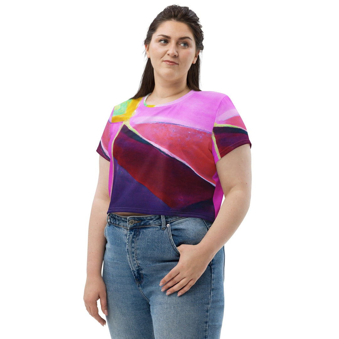 Womens Stretch Fit Crop Tee T-shirt Jersey - Pink and Purple Pattern