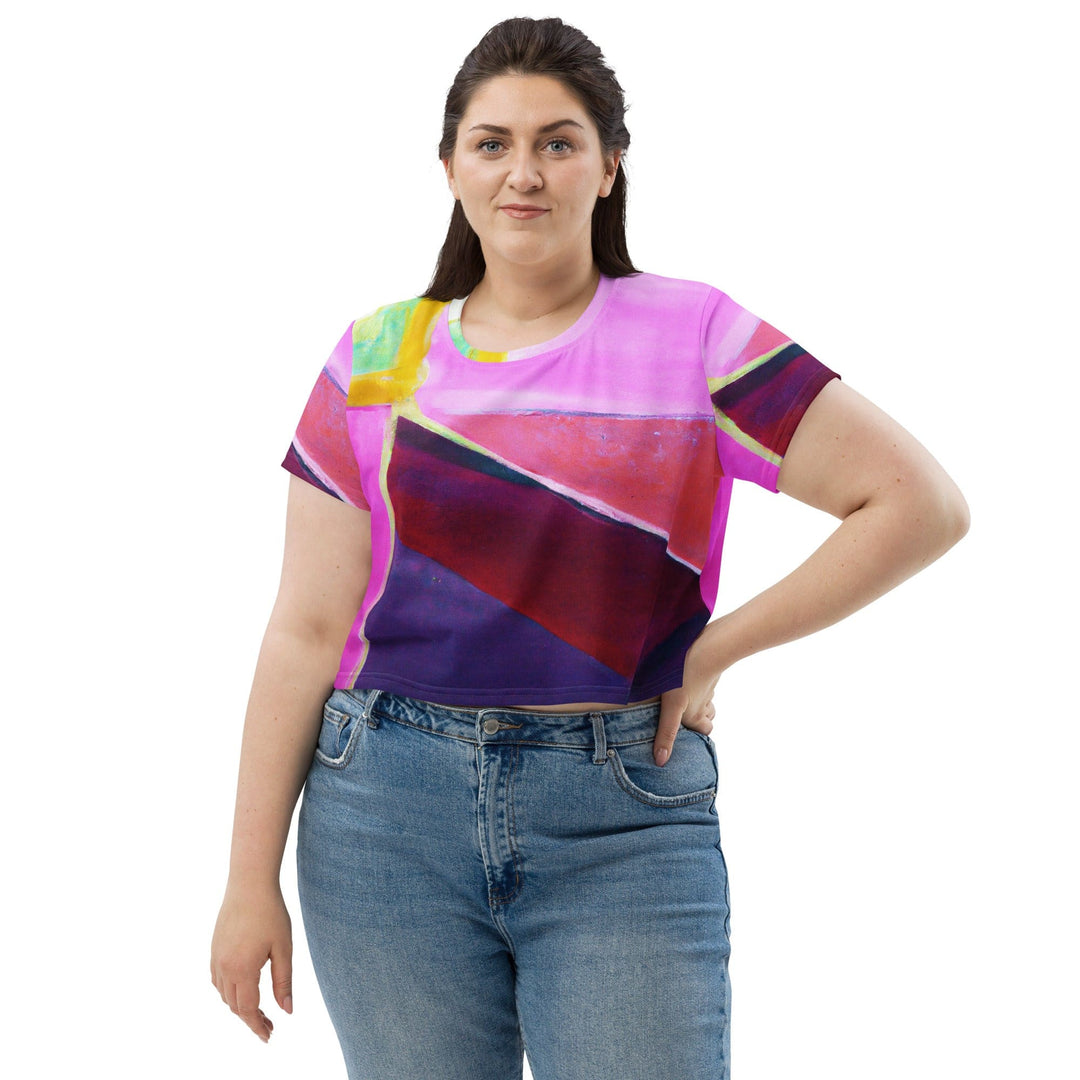 Womens Stretch Fit Crop Tee T-shirt Jersey - Pink and Purple Pattern