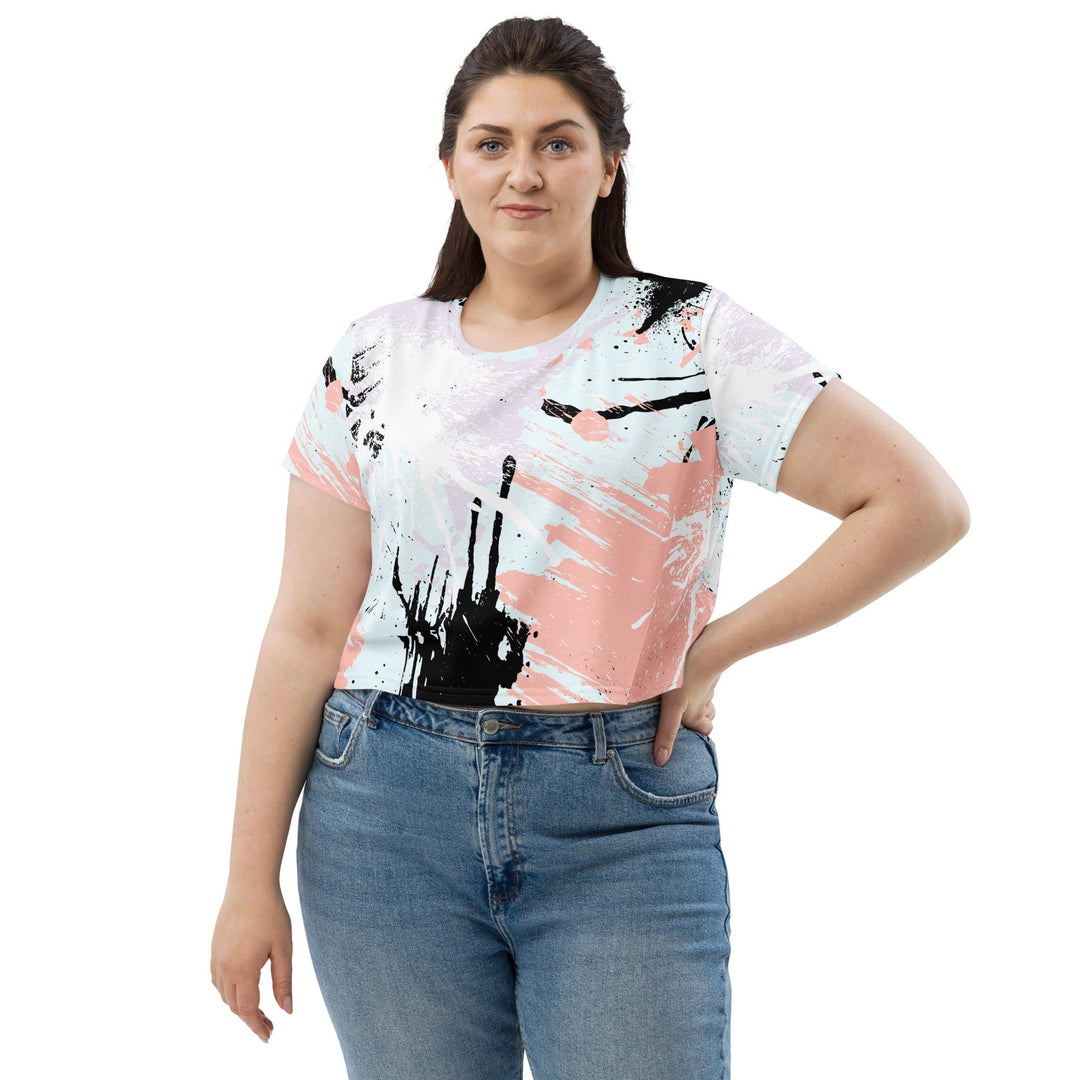 Womens Stretch Fit Crop Tee T-shirt Jersey - Pink Black Abstract Print