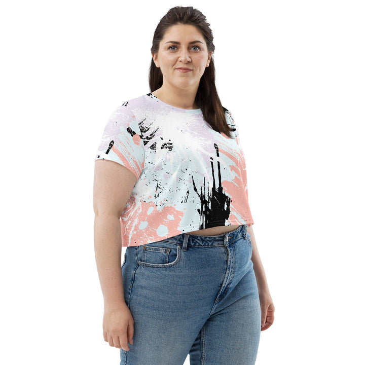 Womens Stretch Fit Crop Tee T-shirt Jersey - Pink Black Abstract Print