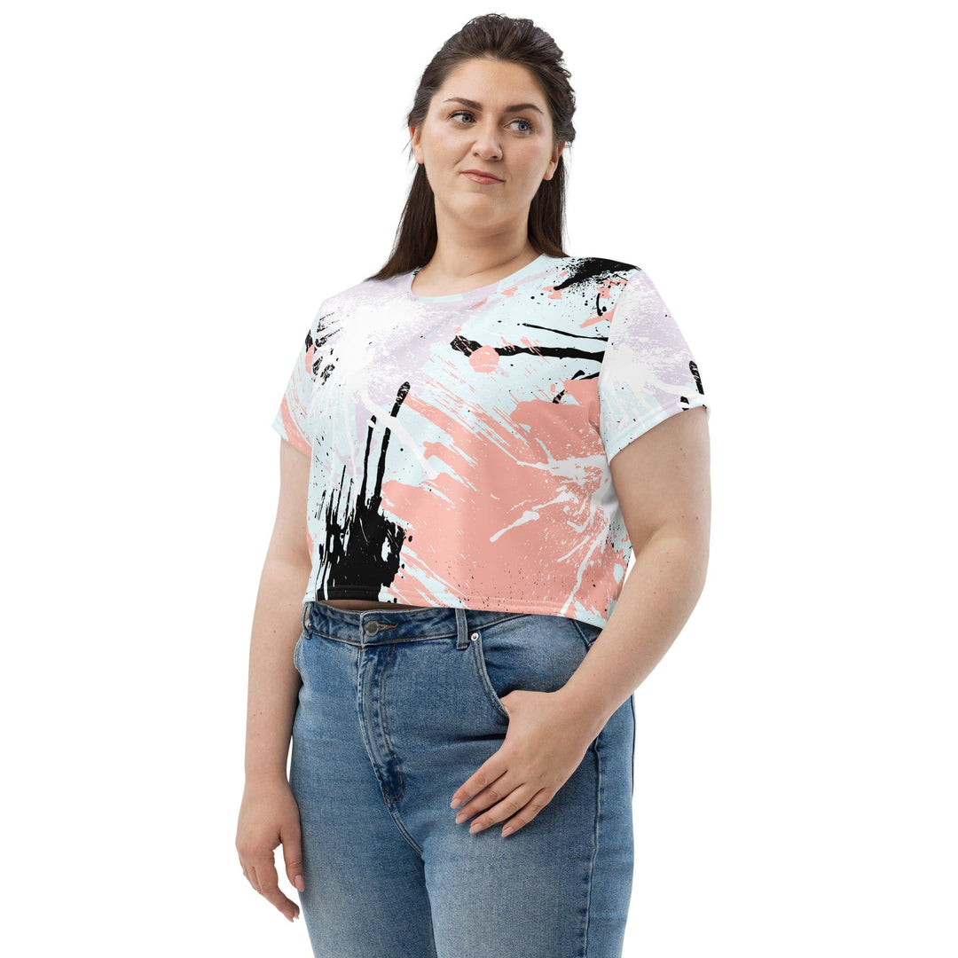 Womens Stretch Fit Crop Tee T-shirt Jersey - Pink Black Abstract Print