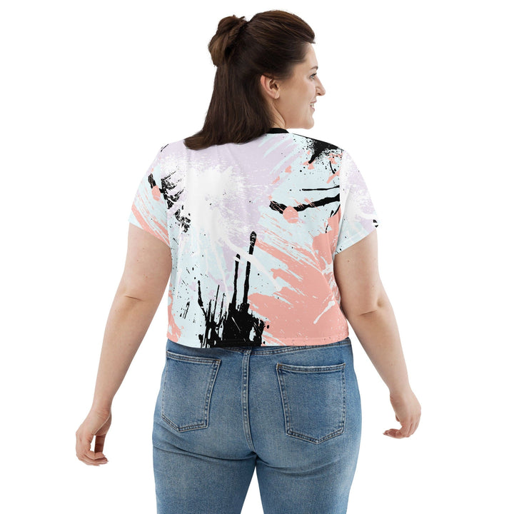 Womens Stretch Fit Crop Tee T-shirt Jersey - Pink Black Abstract Print