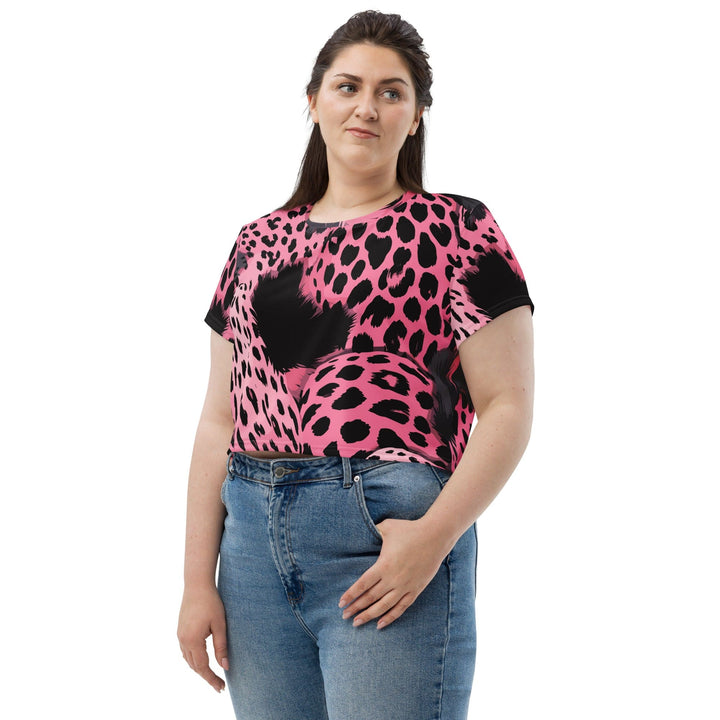 Womens Stretch Fit Crop Tee T-shirt Jersey - Pink Black Spotted Print