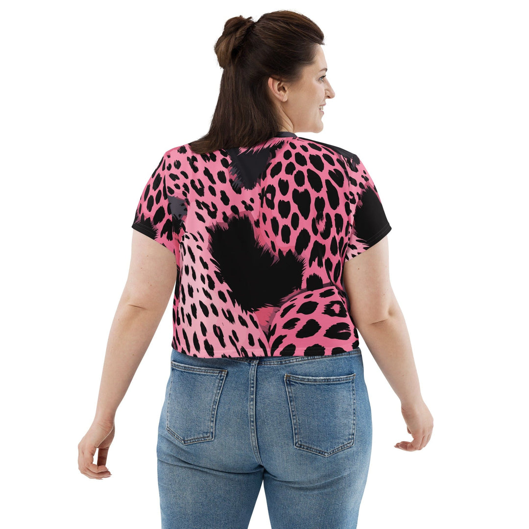 Womens Stretch Fit Crop Tee T-shirt Jersey - Pink Black Spotted Print