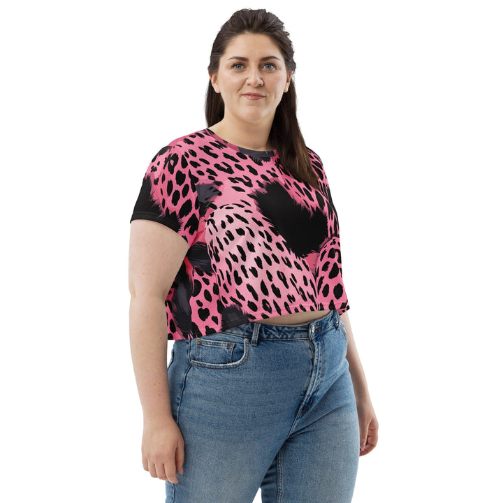 Womens Stretch Fit Crop Tee T-shirt Jersey - Pink Black Spotted Print