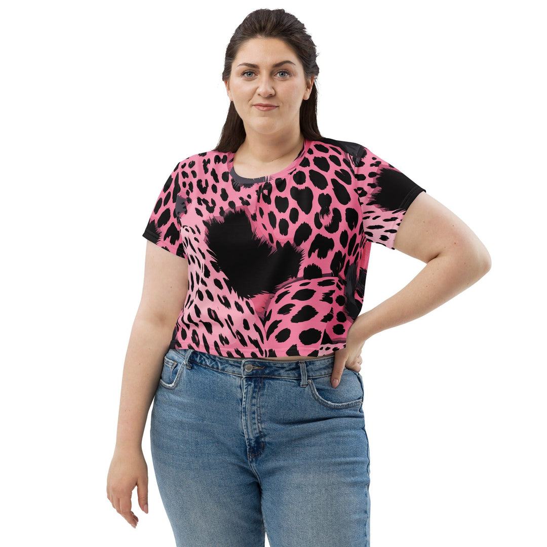 Womens Stretch Fit Crop Tee T-shirt Jersey - Pink Black Spotted Print