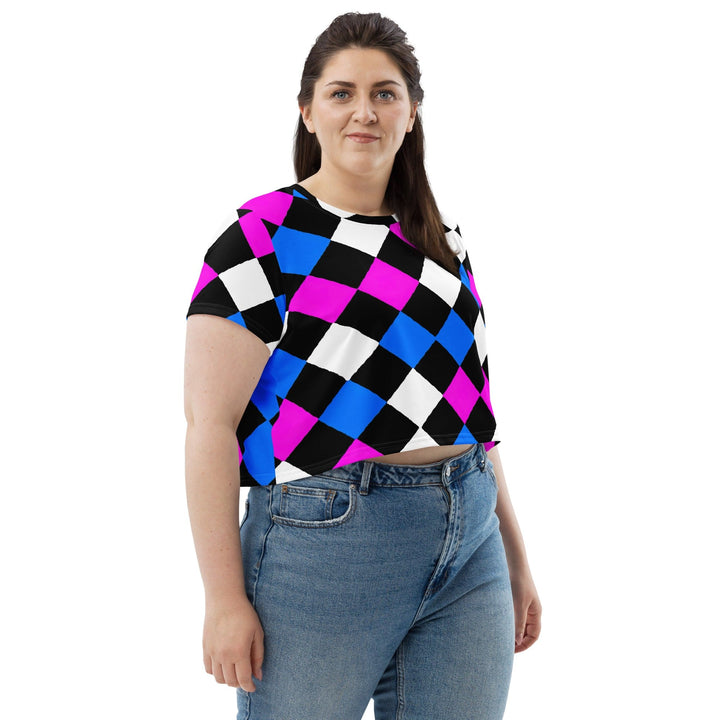 Womens Stretch Fit Crop Tee T-shirt Jersey - Pink Blue Checkered Pattern