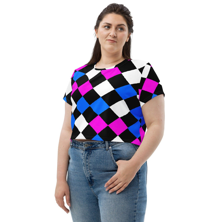 Womens Stretch Fit Crop Tee T-shirt Jersey - Pink Blue Checkered Pattern