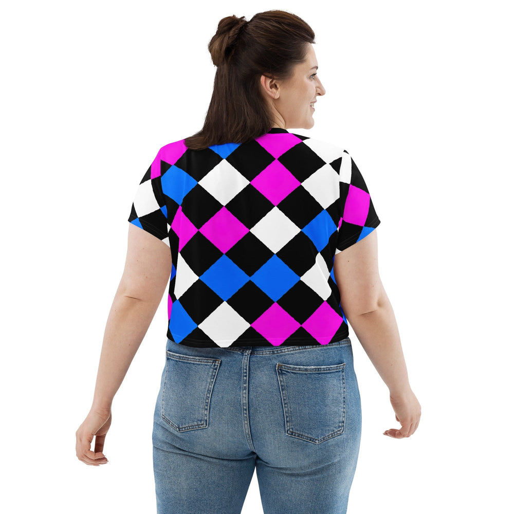 Womens Stretch Fit Crop Tee T-shirt Jersey - Pink Blue Checkered Pattern