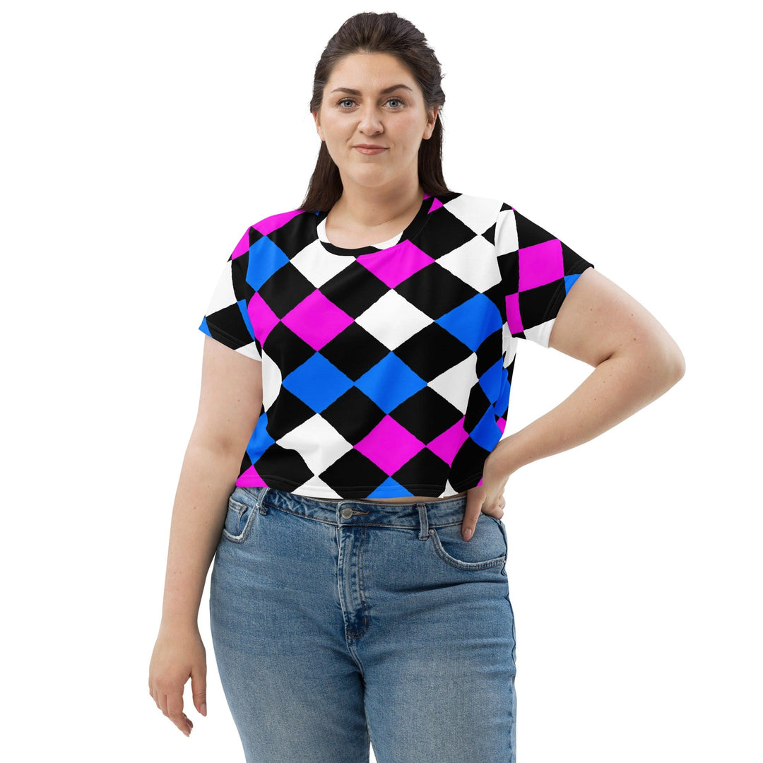 Womens Stretch Fit Crop Tee T-shirt Jersey - Pink Blue Checkered Pattern