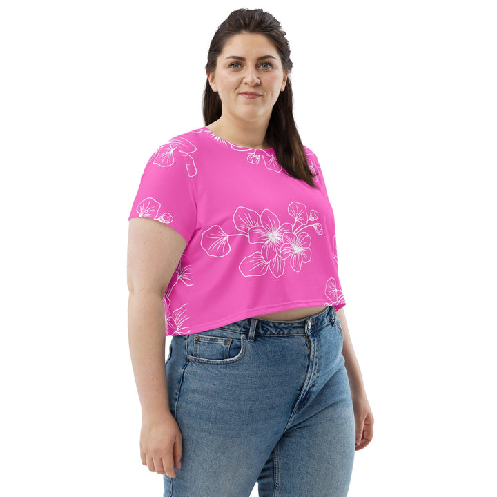 Womens Stretch Fit Crop Tee T-shirt Jersey - Pink Floral 7022623