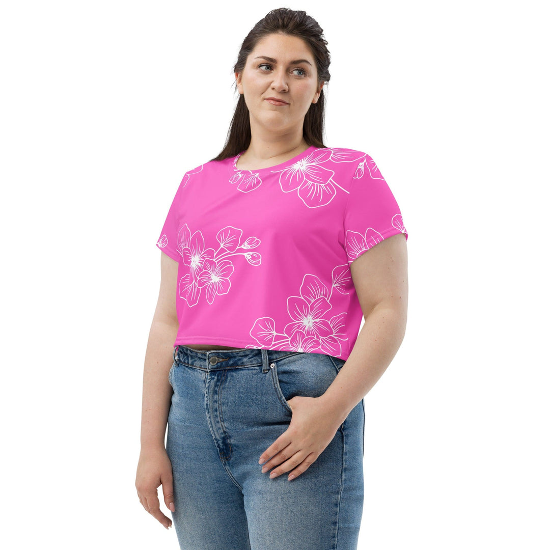 Womens Stretch Fit Crop Tee T-shirt Jersey - Pink Floral 7022623