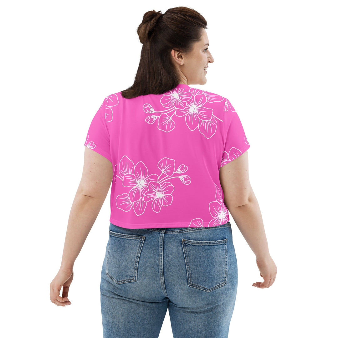 Womens Stretch Fit Crop Tee T-shirt Jersey - Pink Floral 7022623