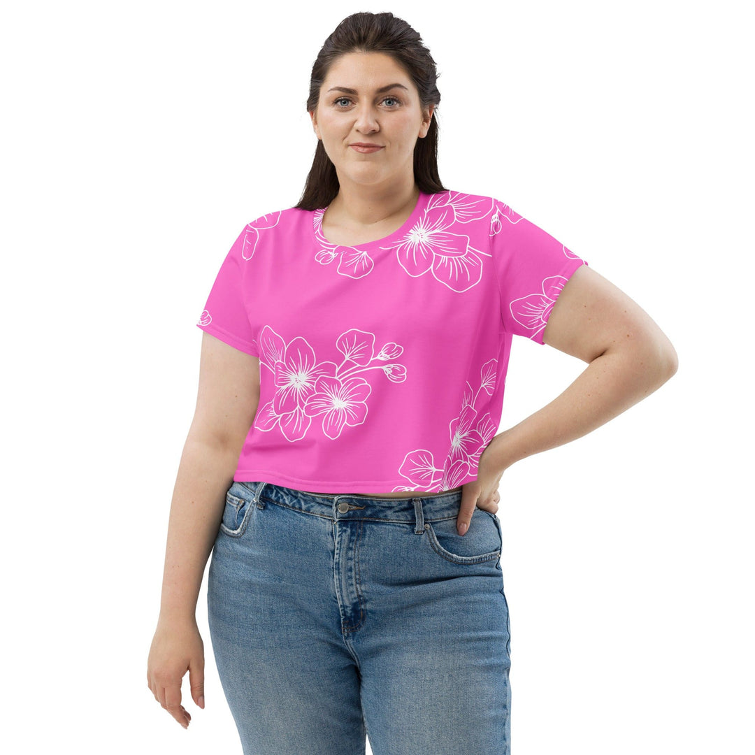 Womens Stretch Fit Crop Tee T-shirt Jersey - Pink Floral 7022623