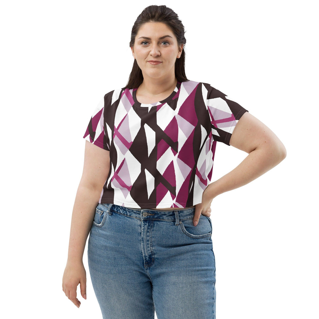 Womens Stretch Fit Crop Tee T-shirt Jersey - Pink Mauve Pattern