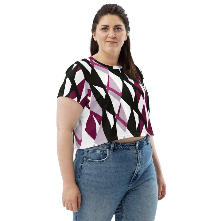 Womens Stretch Fit Crop Tee T-shirt Jersey - Pink Mauve Pattern