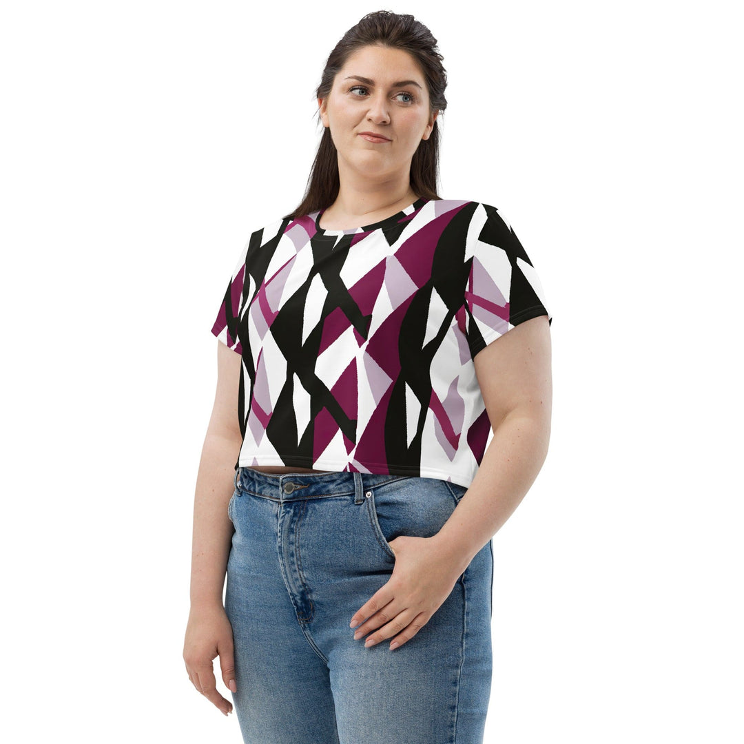 Womens Stretch Fit Crop Tee T-shirt Jersey - Pink Mauve Pattern