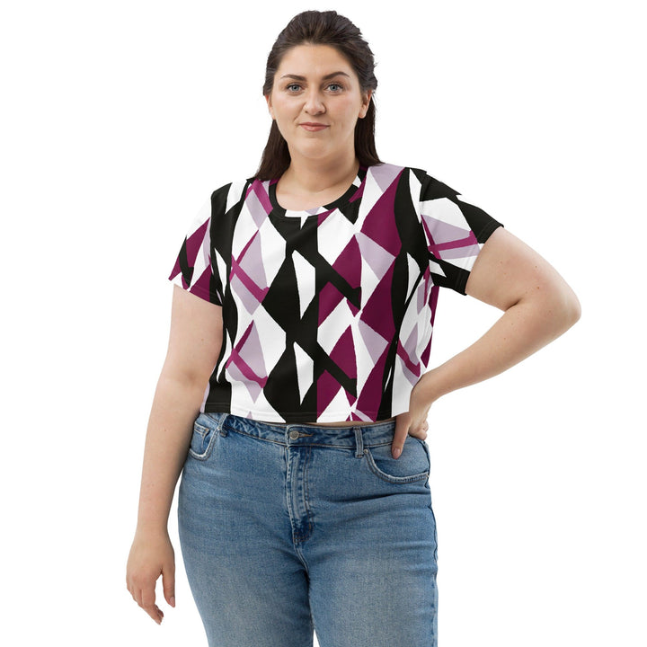 Womens Stretch Fit Crop Tee T-shirt Jersey - Pink Mauve Pattern