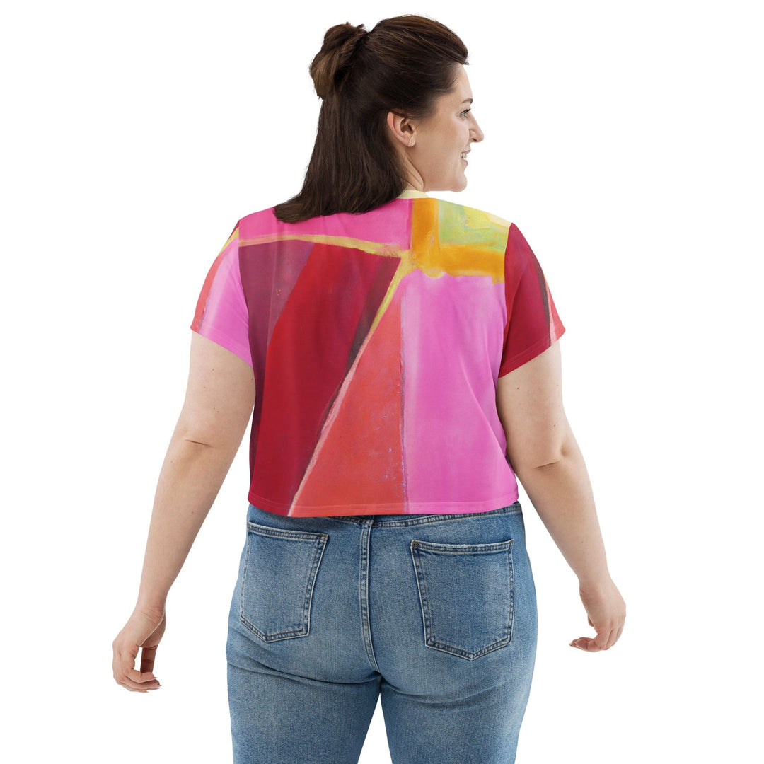 Womens Stretch Fit Crop Tee T-shirt Jersey - Pink Mauve Red Geometric Pattern