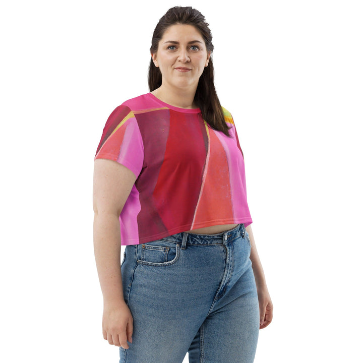 Womens Stretch Fit Crop Tee T-shirt Jersey - Pink Mauve Red Geometric Pattern