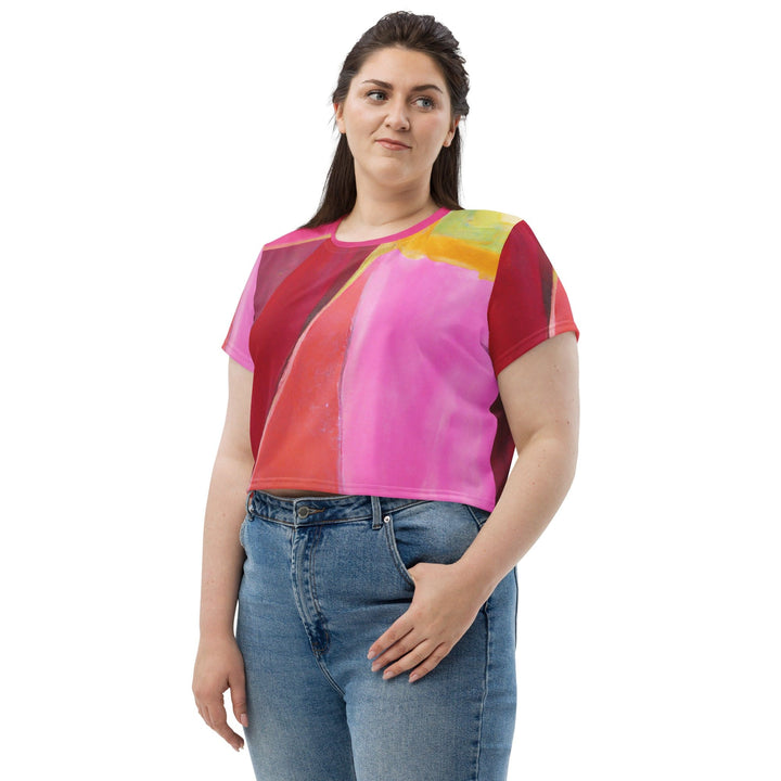 Womens Stretch Fit Crop Tee T-shirt Jersey - Pink Mauve Red Geometric Pattern