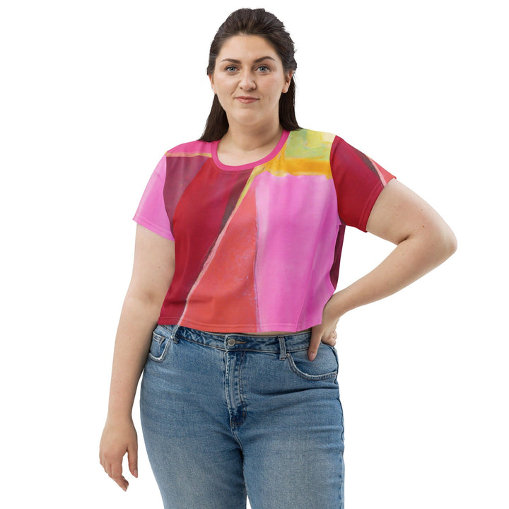 Womens Stretch Fit Crop Tee T-shirt Jersey - Pink Mauve Red Geometric Pattern