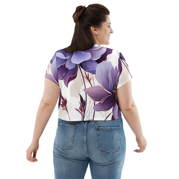 Womens Stretch Fit Crop Tee T-shirt Jersey - Purple Botanical Blooms