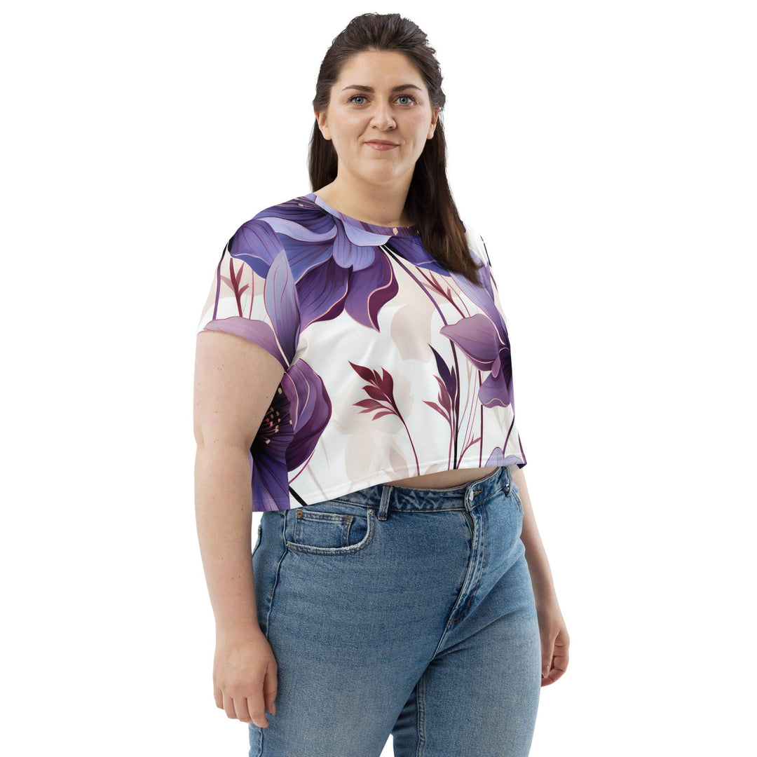 Womens Stretch Fit Crop Tee T-shirt Jersey - Purple Botanical Blooms