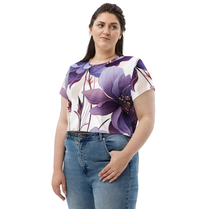 Womens Stretch Fit Crop Tee T-shirt Jersey - Purple Botanical Blooms