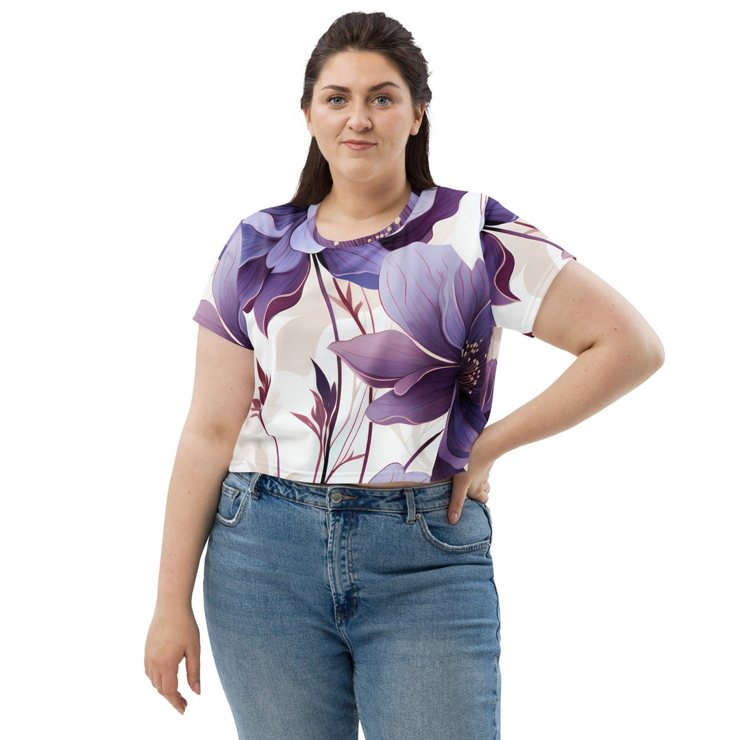 Womens Stretch Fit Crop Tee T-shirt Jersey - Purple Botanical Blooms