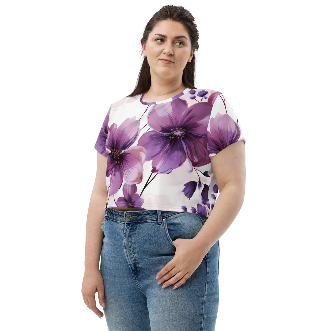 Womens Stretch Fit Crop Tee T-shirt Jersey - Purple Botanical Blooms 3