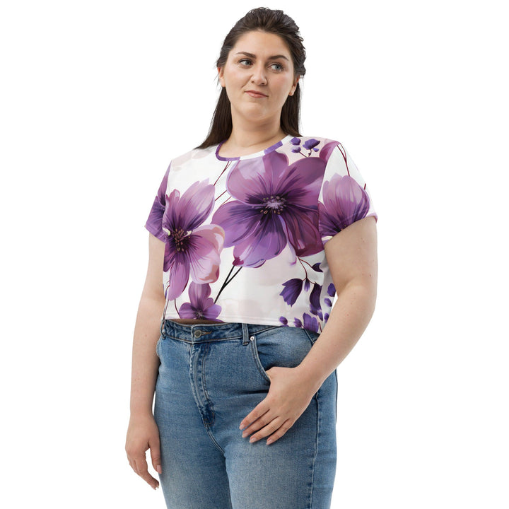Womens Stretch Fit Crop Tee T-shirt Jersey - Purple Botanical Blooms 3