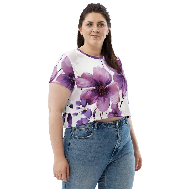 Womens Stretch Fit Crop Tee T-shirt Jersey - Purple Botanical Blooms 3
