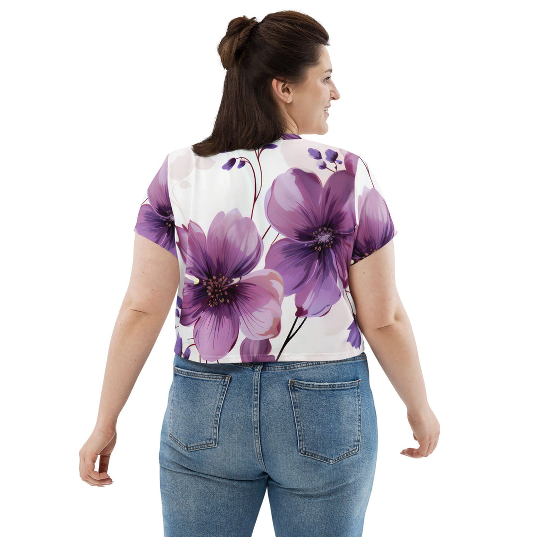 Womens Stretch Fit Crop Tee T-shirt Jersey - Purple Botanical Blooms 3