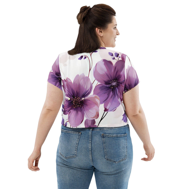 Womens Stretch Fit Crop Tee T-shirt Jersey - Purple Botanical Blooms 3
