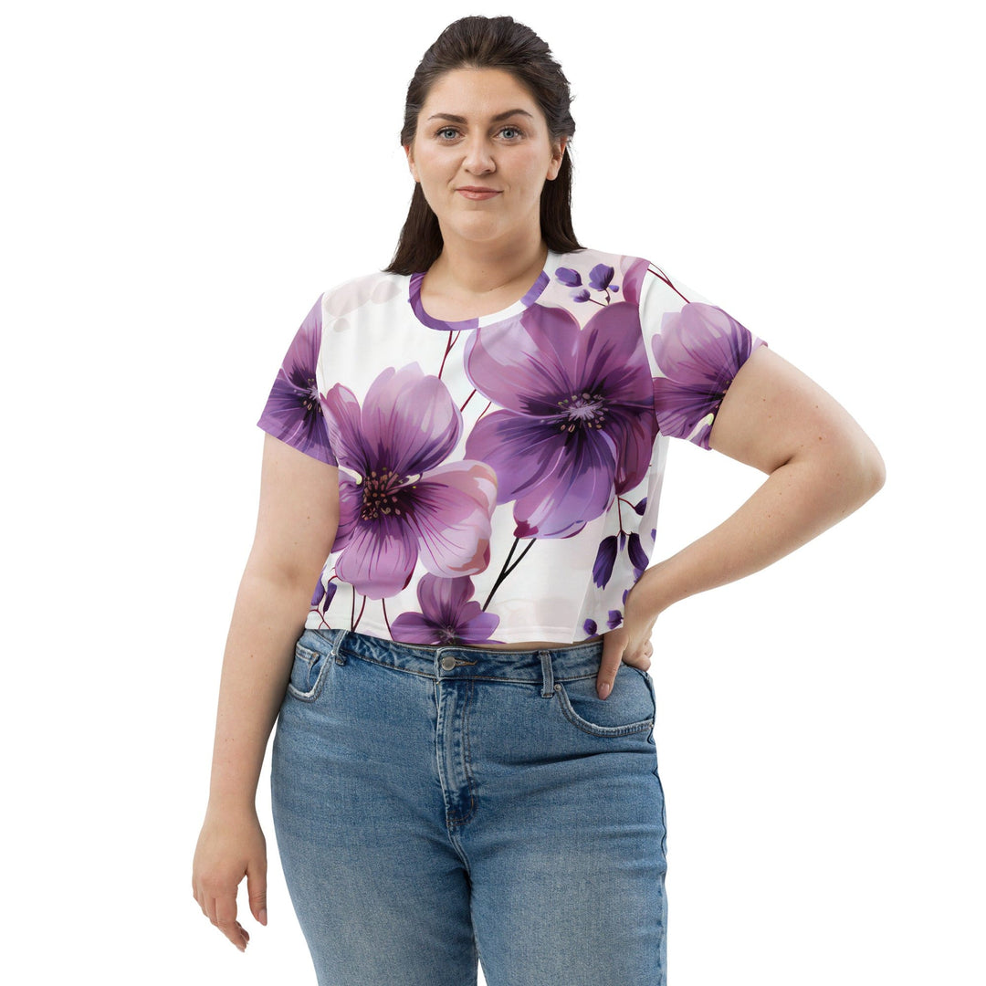 Womens Stretch Fit Crop Tee T-shirt Jersey - Purple Botanical Blooms 3