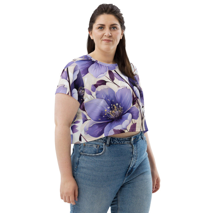 Womens Stretch Fit Crop Tee T-shirt Jersey - Purple Botanical Blooms