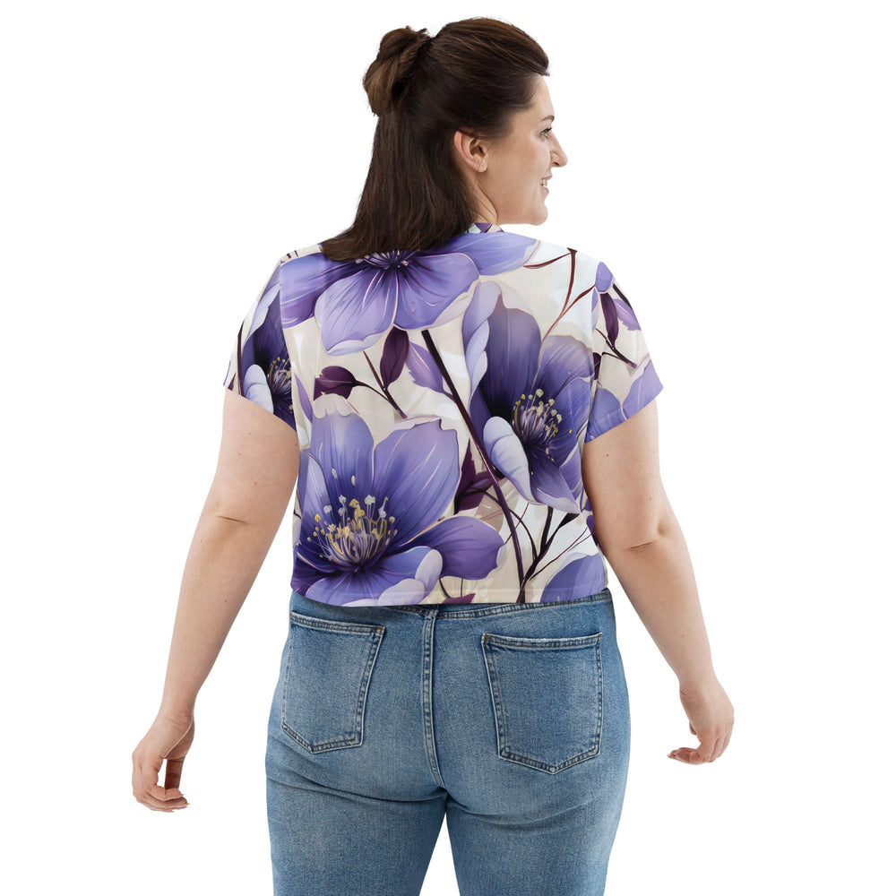 Womens Stretch Fit Crop Tee T-shirt Jersey - Purple Botanical Blooms