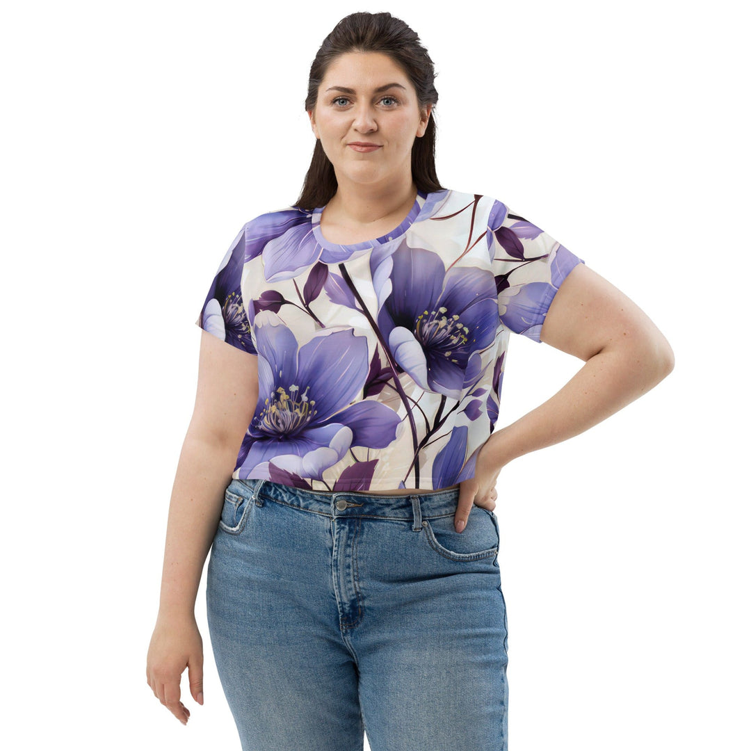 Womens Stretch Fit Crop Tee T-shirt Jersey - Purple Botanical Blooms