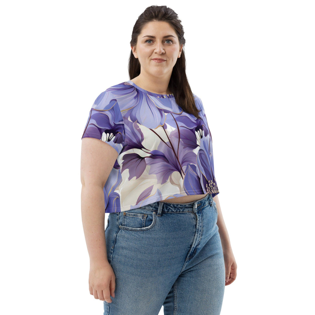 Womens Stretch Fit Crop Tee T-shirt Jersey - Purple Botanical Blooms