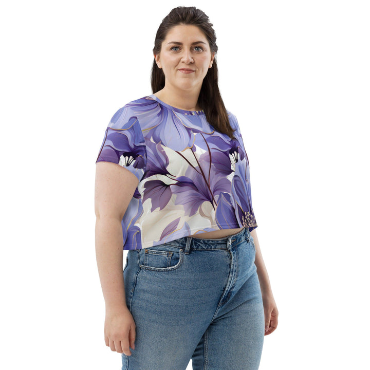 Womens Stretch Fit Crop Tee T-shirt Jersey - Purple Botanical Blooms